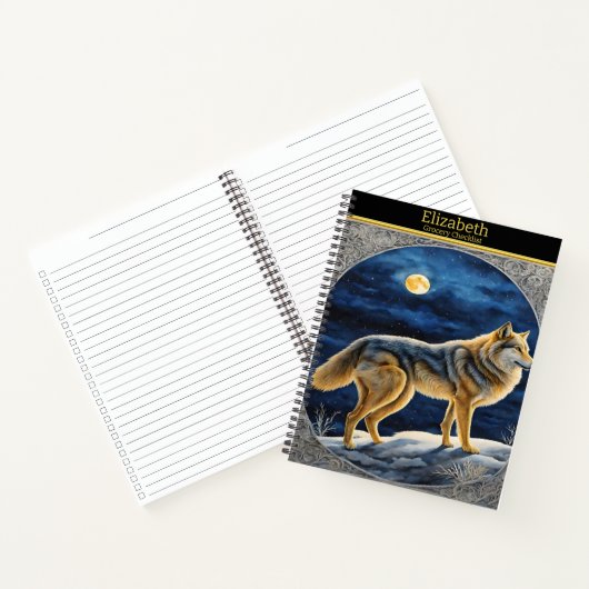 Majestueuze wolf huilt onder de heldere volle maan notitieboek (Binnen)