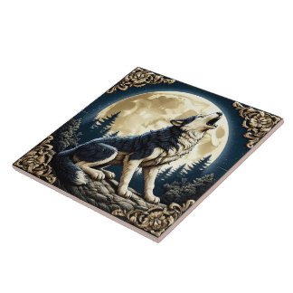 Majestueuze wolf huilt 's nachts onder een volle m tegeltje