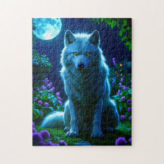 Majestueuze wolf in mystieke maanverlichte tuin legpuzzel