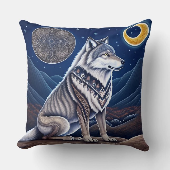 Majestueuze Wolf Onder Sterrenhemel Kussen (Voorkant)