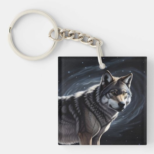 Majestueuze Wolf Onder Sterrenhemel Sleutelhanger (voorkant)