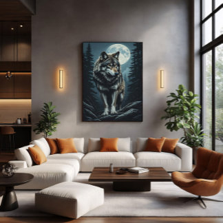 Majestueuze Wolf Onder Volle Maan Canvas Afdruk
