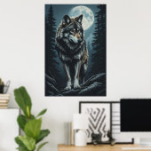 Majestueuze Wolf Onder Volle Maan Poster (Thuiskantoor)