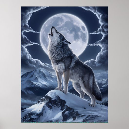 Majestueuze wolf over sneeuw piek poster (Voorkant)