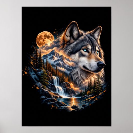 Majestueuze Wolf Volle Maan Wildernis Poster (Voorkant)