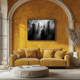 Majestueuze wolkenkrabbers verzonken in dramatisch poster