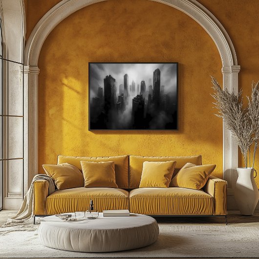 Majestueuze wolkenkrabbers verzonken in dramatisch poster