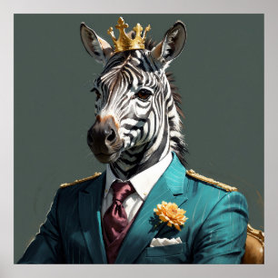 Majestueuze Zebra met Crown Portrait Painting Poster