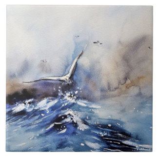 Majestueuze Zeemeeuw Boven Oceaangolven Watercolor Tegeltje