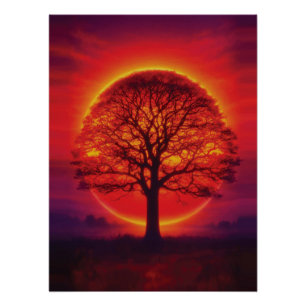 Majestueuze Zonsondergang Boom Silhouet Vuur Lucht Perfect Poster