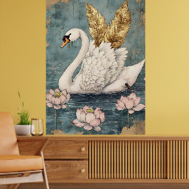 majestueuze zwaan met gouden vleugels zweeft op he poster