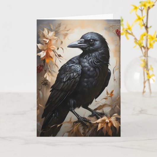 Majestueuze zwart Raven Portret Bloemen Moon Blank Kaart (Gele Bloem)