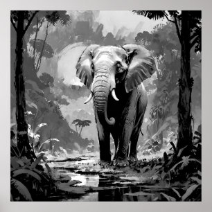 Majestueuze zwart-witte olifant in Oerwoud kunst Poster