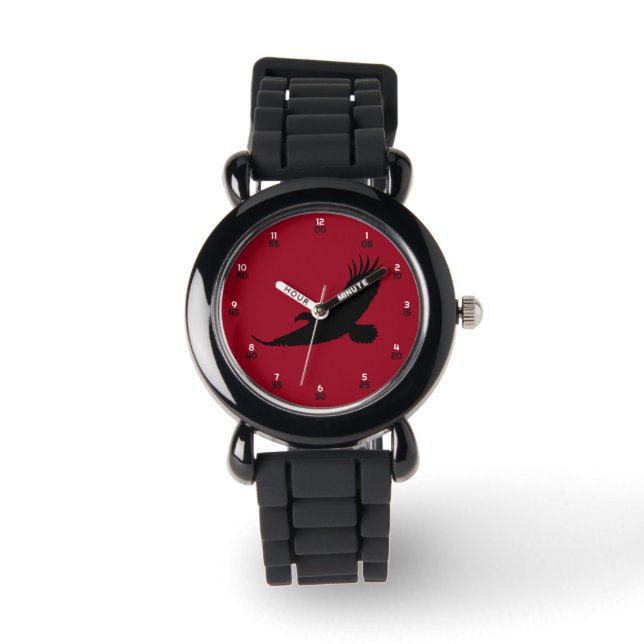 Majestueuze zwarte arend silhouet vet rood horloge (Voorkant)