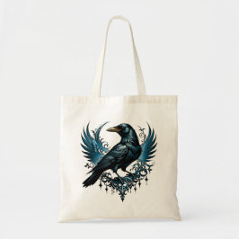 Majestueuze zwarte raaf zittend op een  tote bag