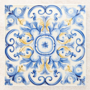Majolica: blauw en goud glazen onderzetter