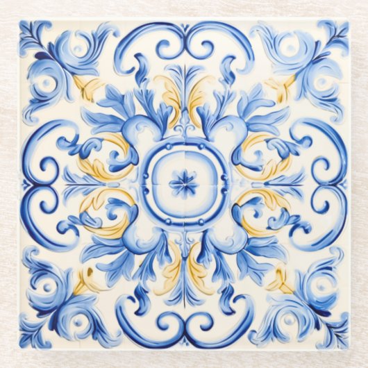 Majolica: blauw en goud glazen onderzetter (Voorkant)