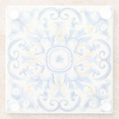 Majolica: blauw en goud glazen onderzetter (Achterkant)