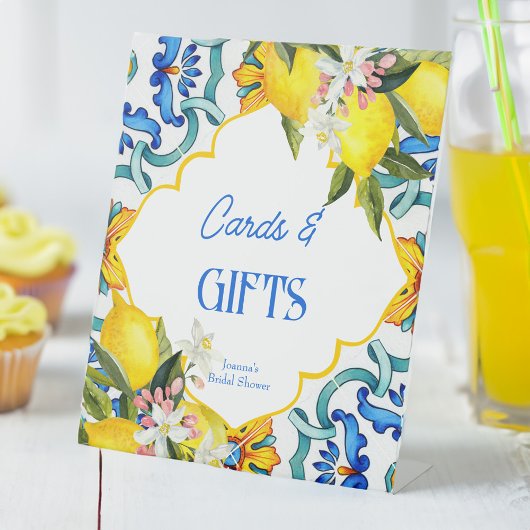 Majolica blauw tegels citroenen verjaardagsgeschen reclamebord met voetstuk