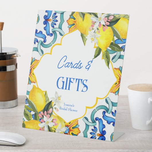 Majolica blauw tegels citroenen verjaardagsgeschen reclamebord met voetstuk (Insitu)