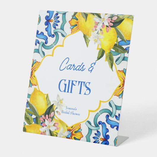 Majolica blauw tegels citroenen verjaardagsgeschen reclamebord met voetstuk (Voorkant)