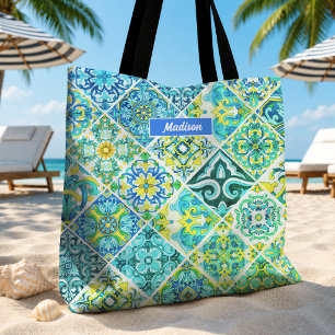 Majolica Bloem Aqua Mint Siciliaans Tegelpatroon Tote Bag