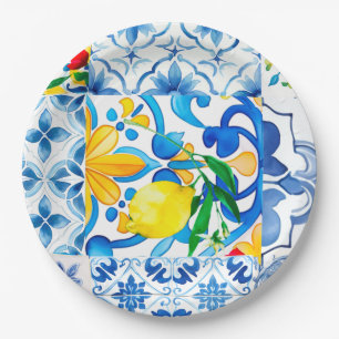 Majolica, citroen, Siciliaanse tegels, Papieren Bordje