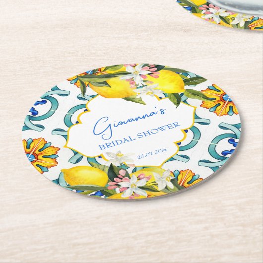 Majolica tegels citroenen vrijgezellenfeest gunste ronde kartonnen onderzetter (Gebogen)