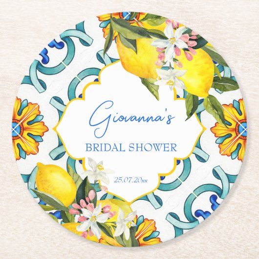 Majolica tegels citroenen vrijgezellenfeest gunste ronde kartonnen onderzetter (Voorkant)