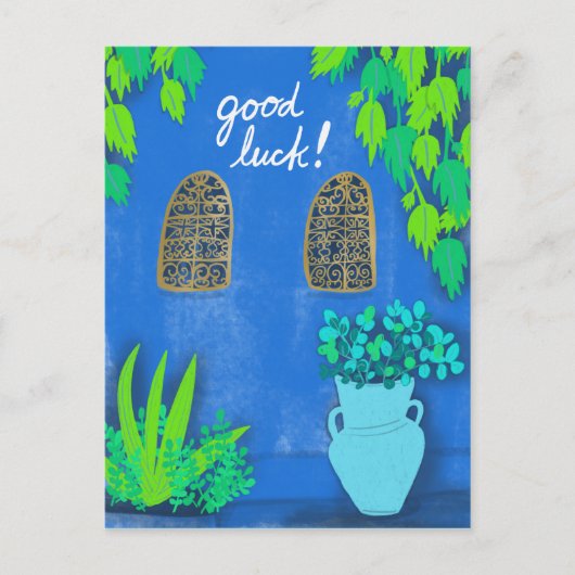 Majorelle Gardens Blue La Jardin GOOD LUCK Briefkaart (Voorkant)