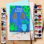 Majorelle Gardens Blue La Jardin HAPPY BIRTHDAY Briefkaart<br><div class="desc">blauwe muren en felkleurige planten,  met de hand getekend door mij voor jou! Kijk eens naar mijn winkel voor meer!</div>