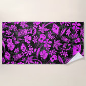 Makapuu Beach Hawaiian Batik Zwart en Roze Strandlaken (Voorkant)