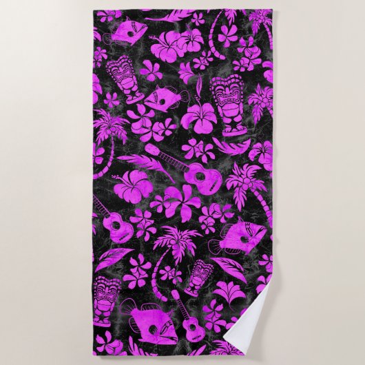 Makapuu Beach Hawaiian Batik Zwart en Roze Strandlaken (Voorkant)
