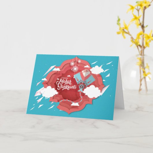 Makar Sankranti blauw en rode kite Kaart (Gele Bloem)