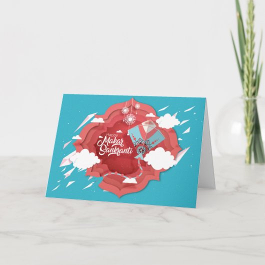 Makar Sankranti blauw en rode kite Kaart (Voorkant)
