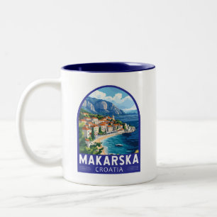 Makarska Croatia Travel Art Embleem Tweekleurige Koffiemok