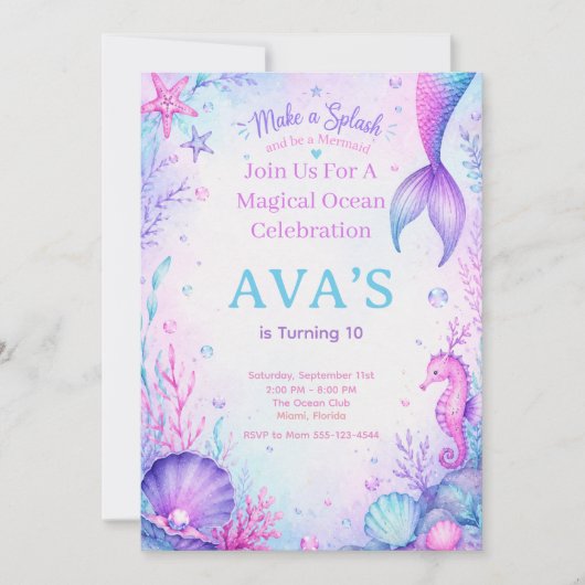 Make a Splash Mermaid Birthday Party Watercolor Kaart (Voorkant)