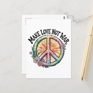 Make Love Not War tie-dye vredesteken en bloemen Briefkaart