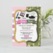 Make-up & Army Boy Girl Verjaardag Gedeeld Feest Kaart (Staand voorkant)