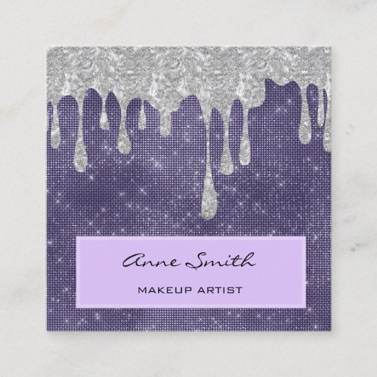 Make-up Artiest Amethist Zilver Glitter Dripping Vierkante Visitekaartje (Voorkant)