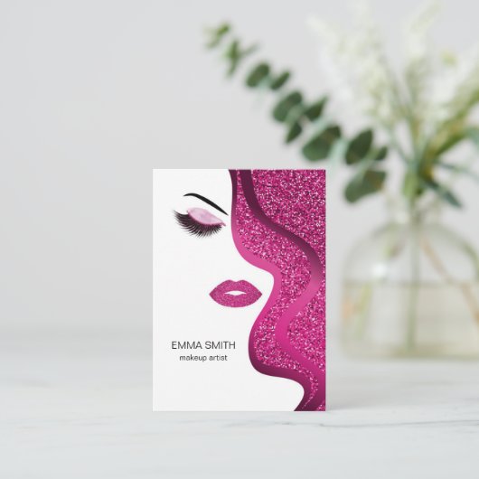 Make-up Artiest Beauty Salon Donker Roze Glitter Visitekaartje (Staand voorkant)