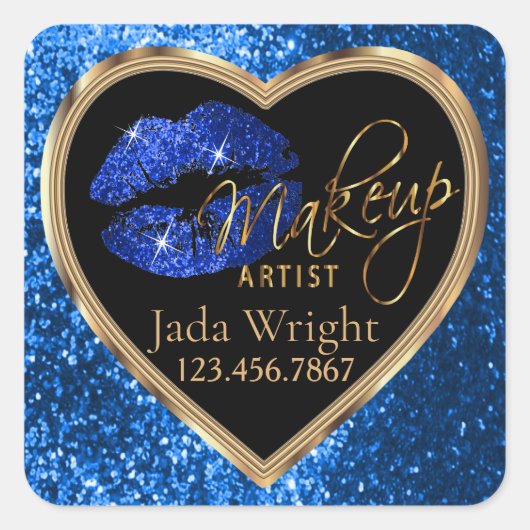 Make-up Artiest Blauw Glitter Liefdeslippen en Gou Vierkante Sticker (Voorkant)