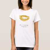 Make-up artiest en salon naam gouden lippen script t-shirt (Voorkant)