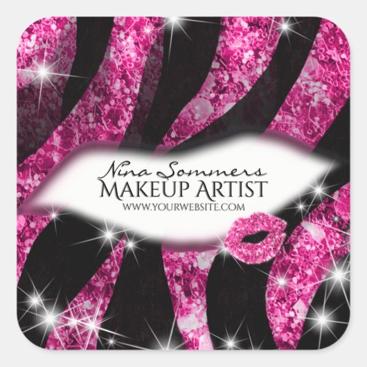 Make-up artiest Glam Pink Glitter Lips Zebra Print Vierkante Sticker (Voorkant)