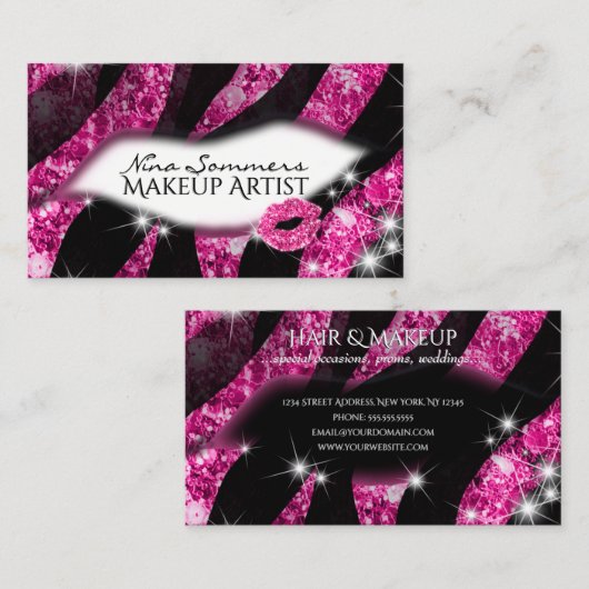 Make-up artiest Glam Pink Glitter Lips Zebra Print Visitekaartje (Voorkant / Achterkant)