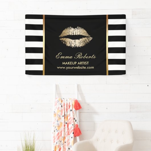 Make-up Artiest Gouden Lippen Modern Zwart Wit Str Spandoek (Insitu)