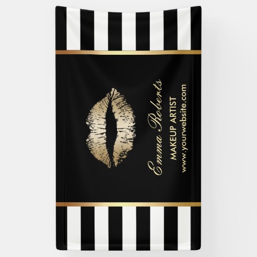 Make-up Artiest Gouden Lippen Modern Zwart Wit Str Spandoek (Verticaal)