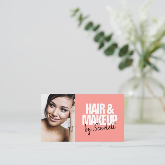 Make-up artiest haar foto vet script koraal rood visitekaartje (Staand voorkant)