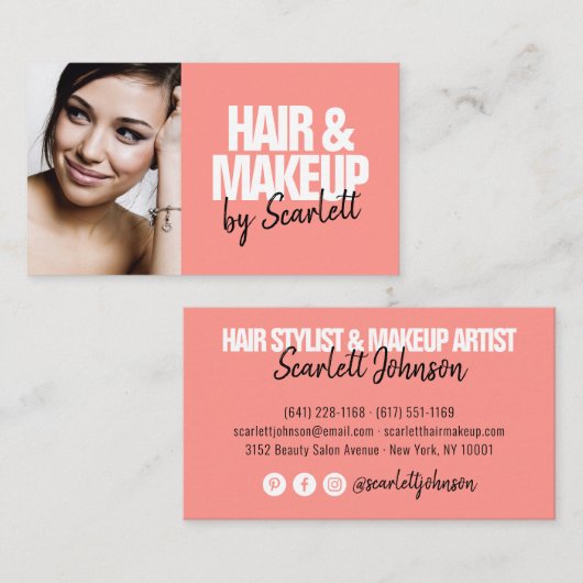 Make-up artiest haar foto vet script koraal rood visitekaartje (Voorkant / Achterkant)