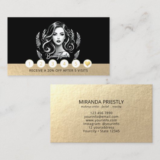Make-up Artiest Haar Stylist Modern Zwart Wit Goud Klantenkaartje (Voorkant / Achterkant)